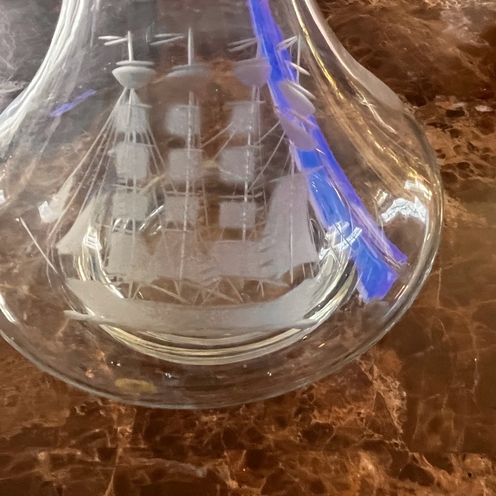 Crystal Clear Glass with Etched Ships Decanter for Brandy or Wine - Picture 4 of 8